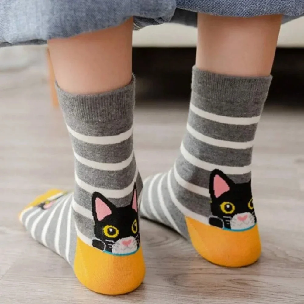 5 pair multicolored cute kitten crew socks activewear comfortable peekaboo cats